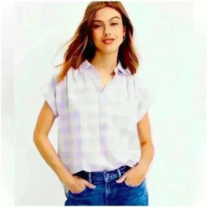 EUC  Loft Pastel Purple Gingham Plaid Linen Dolman Henley Top Size Small